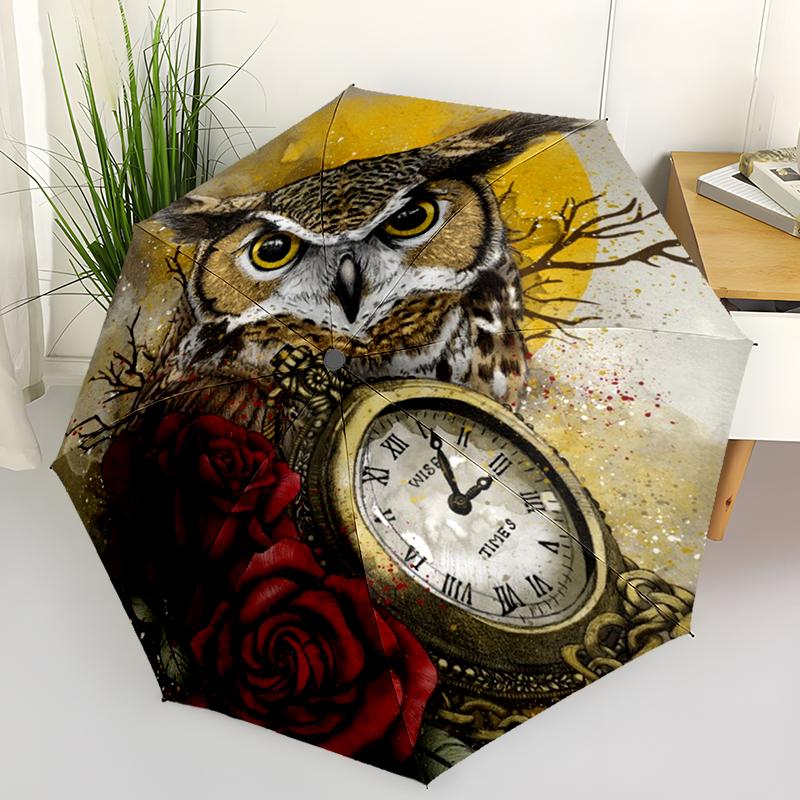 1PC Mysterious Snowy Owl Folding Umbrella Auto-Open Design 8 Iron Ribs Plastic Handle Foldable Sunshade Perfect Christmas Gifts