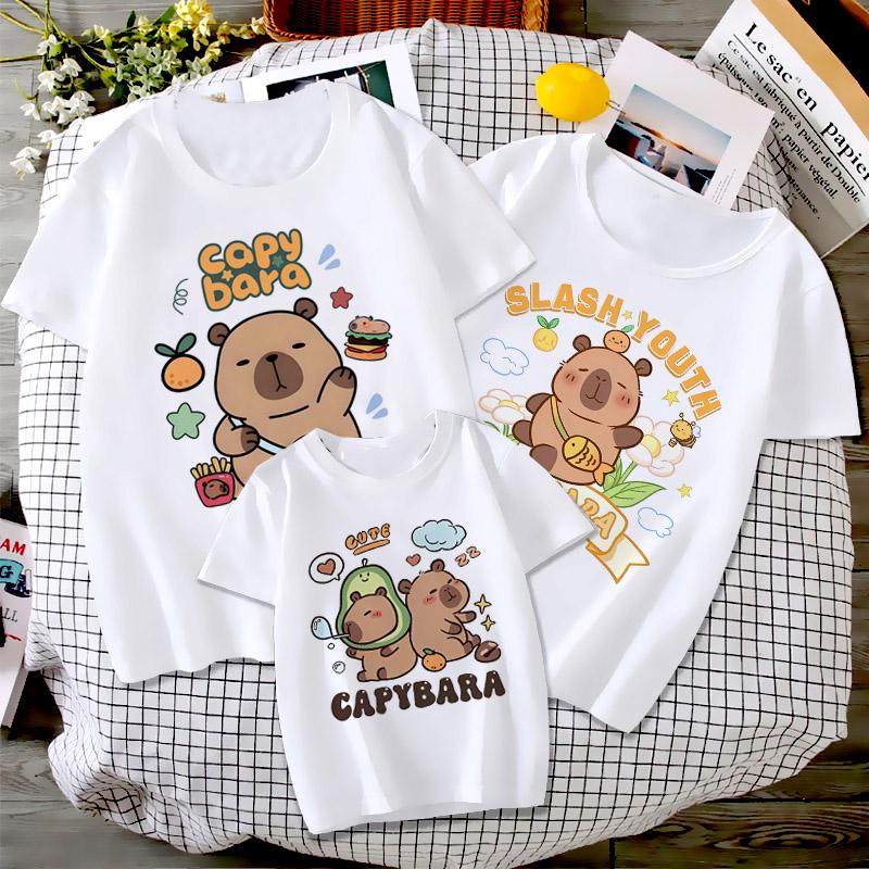 Women Men Capybara Tees Short Sleeved Clothes Boys Girls Round Neck Tops Couple Cute Cartoon Capybara