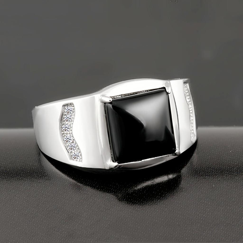 Men's Adjustable Black Agate Square Ring with Black Diamond - Korean Style and Smooth Finish