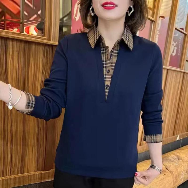 Autumn Fashion Plaid Patchwork Turn-Down Collar Shirt for Middle-Aged Women - Stylish Age-Reducing Two-Piece