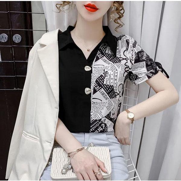 Koszula szyfonowa w kontrastowych kolorach damska letnia z krótkim rękawem asymetryczny design zmysł wyszczuplający temperament styl zachodni top fala