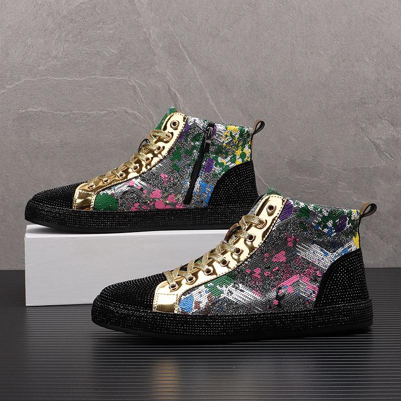 New Luxury Designer Men High Tops Rhinestone Platform Shoes Causal Flats Moccasins Rock Punk Walking Sneakers Tenis Masculino