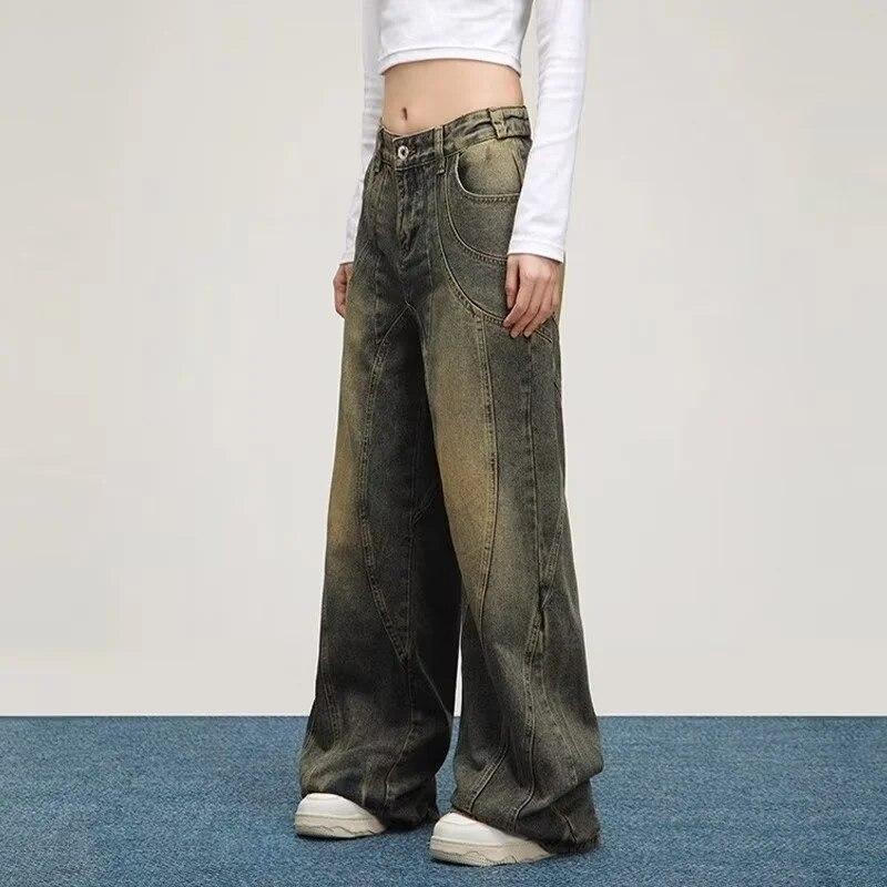 Jeans vintage a vita alta color fango giallo da donna, pantaloni in denim larghi dritti retrò anni '90, pantaloni larghi casual da strada Y2k