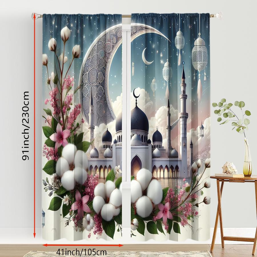 2PCS Soft Mist Blue Flower Ramadan Theme Curtains   Fresh Wind   Bedroom and Living Room   Drawbar Pocket Decorative Curtains