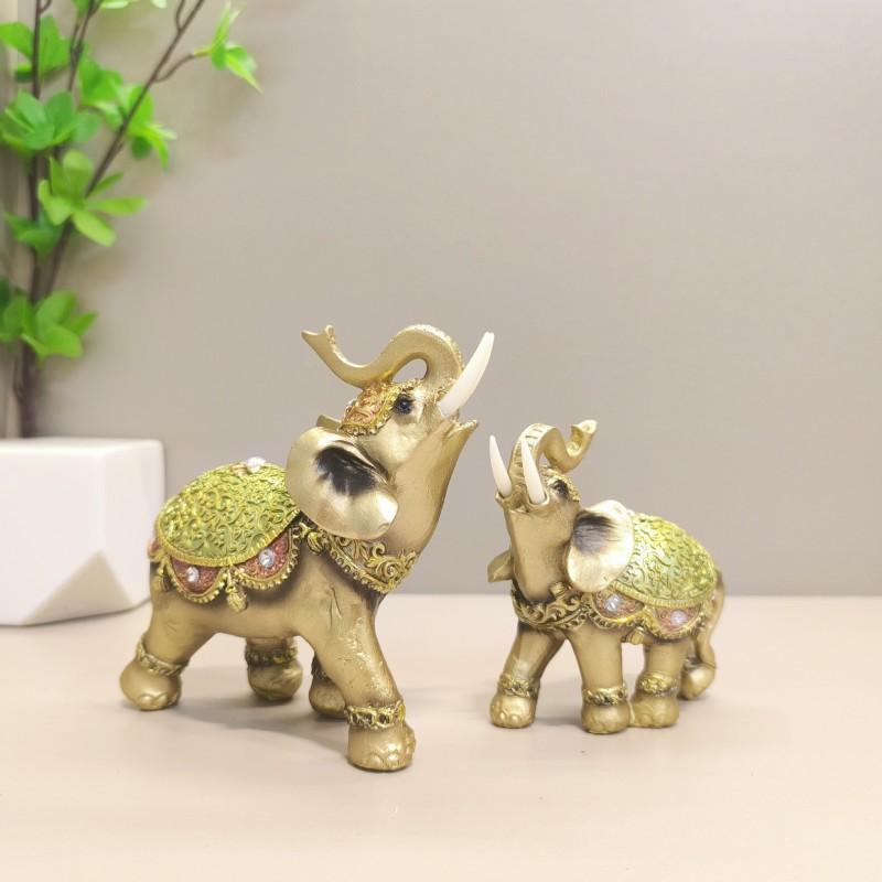 Resin Elephant Figurine Decorative Ornament Home Office Desk Living Room Entryway Vintage Gold