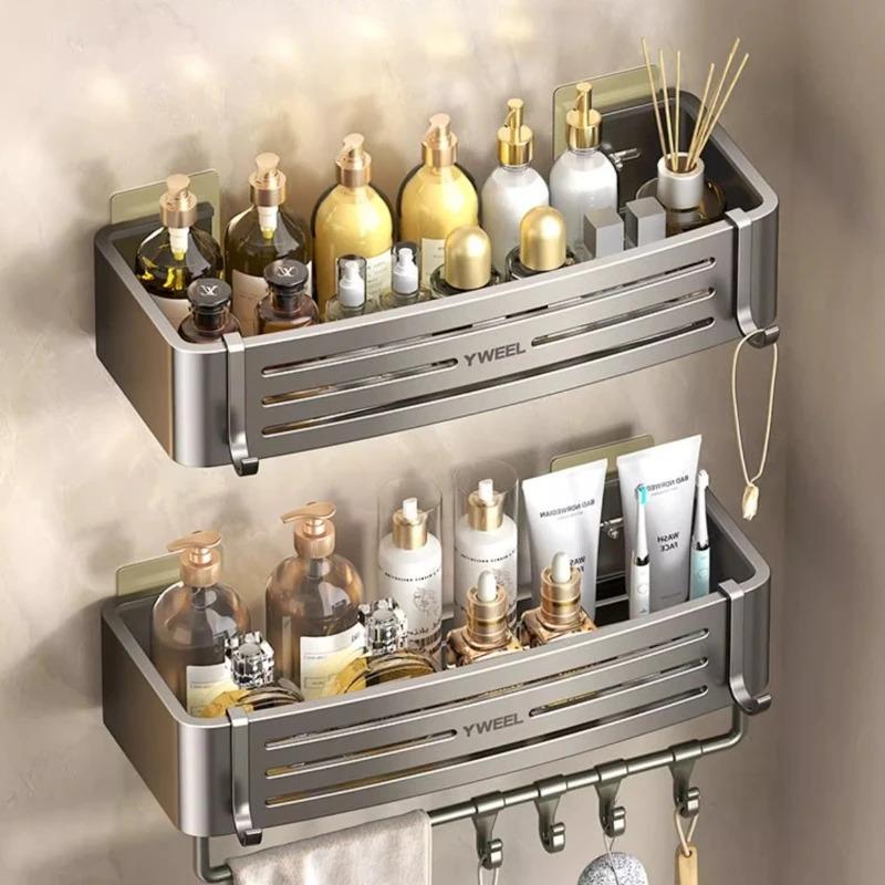 An der Wand montierte Badezimmerregale, Dusch-Eckregal mit Handtuchhalter, Haken, Platz, Aluminium, Shampoo-Halter, Küchen-Organizer-Rack