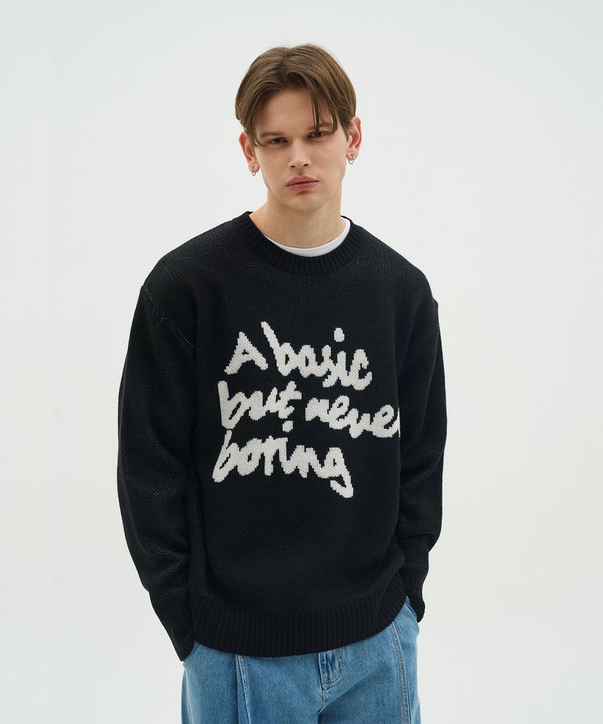 BLOND9 Slogan Round Knit Sweater_Black (Type B)