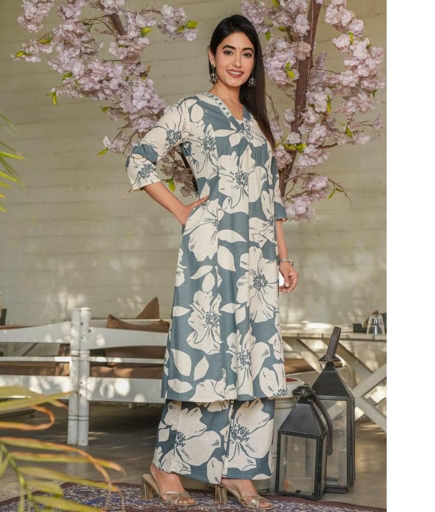Women Designer Floral Printed A Line Kurti Indian Bollywood Party Wear Top Tunic Kurta Pant Set