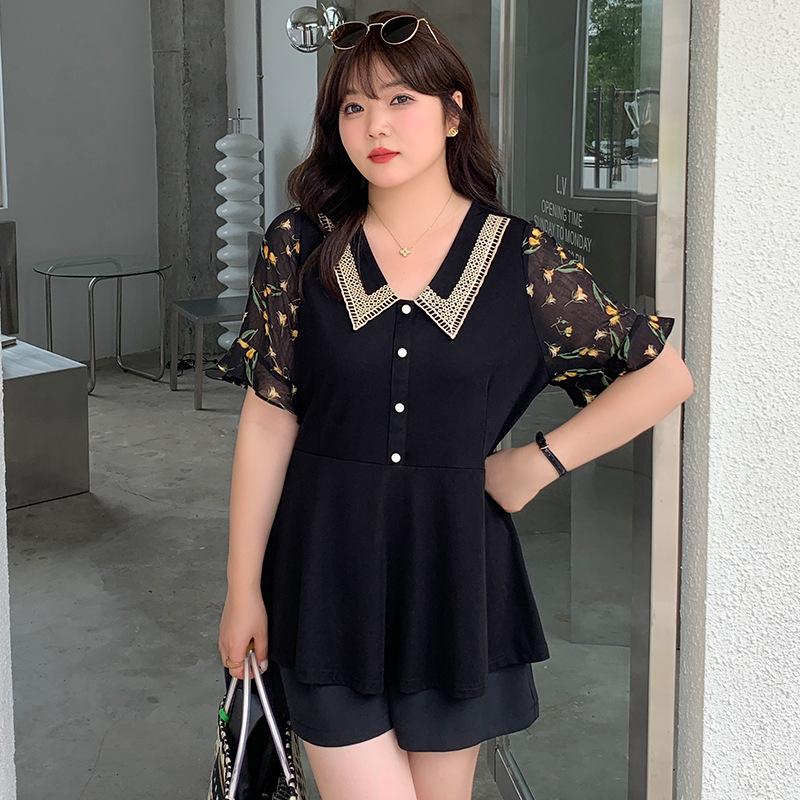 

Плюс Размер Женский Летний Новый Обтягивающий Покрытый Рукав Лотоса Темперамент V-образный Вырез Короткий Рукав Топ 7XL чёрный