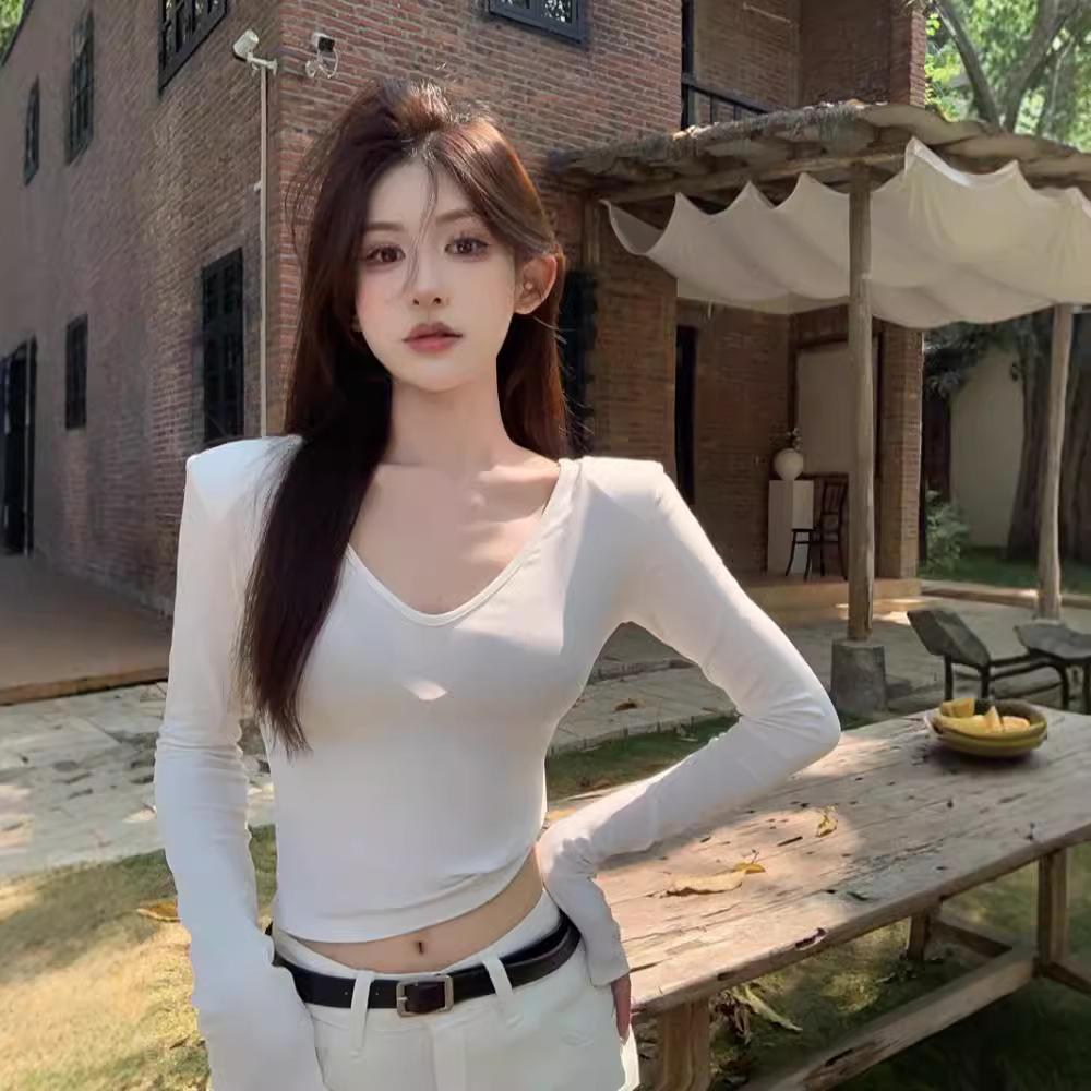 Black Spicy Girl V-neck Long Sleeve Shoulder Pad Top - Slim Fit Summer Innerwear