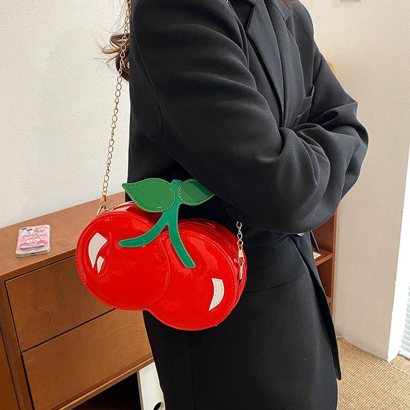 Women's Funny Cherry Shape Shoulder Crossbody Bag Cute Personalized Chain Design Small Purse and Handbag AVE