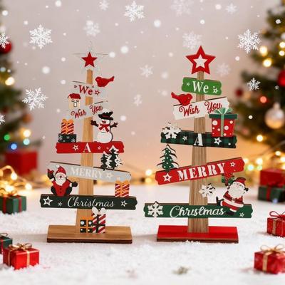 Christmas Sign Tabletop Decorations Tree Shaped Wooden Santa Snowman Gift Boxes Table Decor for Farmhouse Tiered Tray Desk Mantel
