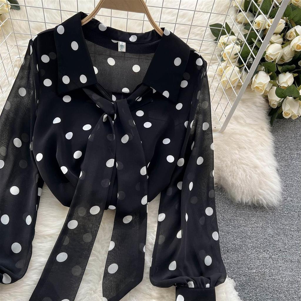 Chiffon Shirt Women's Summer Outfit Sweet Polka Dot Bubble Sleeves Versatile Base Shirt Top Women