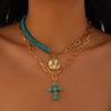Retro Ethnic Irregular Turquoise Metal Cross Pendant Personality Double Layer Necklace for Women Collar Chain Charm Jewelry Gift