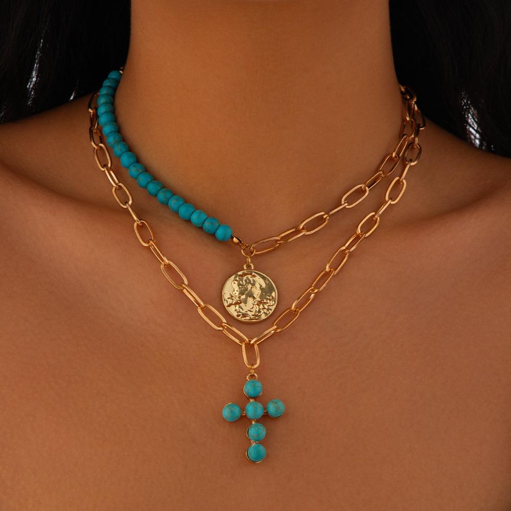 Retro Ethnic Irregular Turquoise Metal Cross Pendant Personality Double Layer Necklace for Women Collar Chain Charm Jewelry Gift