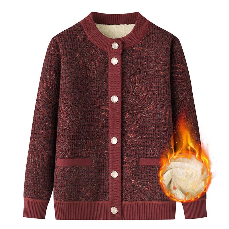 

Теплая одежда для пожилых и средних лет, свитер для женщин, бабушек, осень и зима, плюс бархатная толстая куртка, вязаная куртка для мамы, зима XXXL вино красного