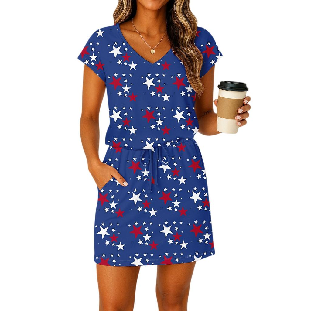 Damen Casual Sommerkleider Patchwork V-Ausschnitt T-Shirt Casual Kurzarm Kordelzug Kleider