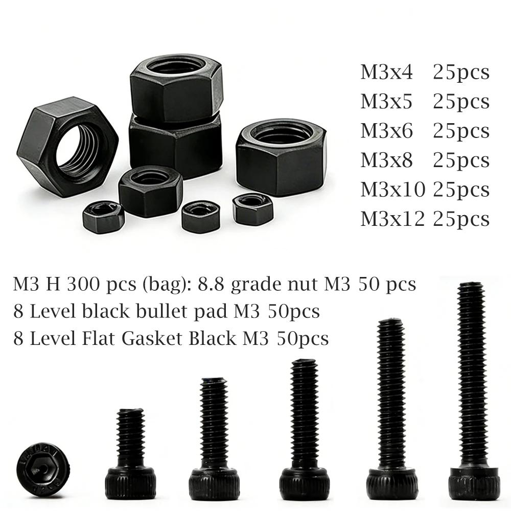 180-300pcs M2-M3 12.9 Hex Head Bolts, Black Carbon Steel Metric Screws, High Strength Machine Screw Assortment for DIY