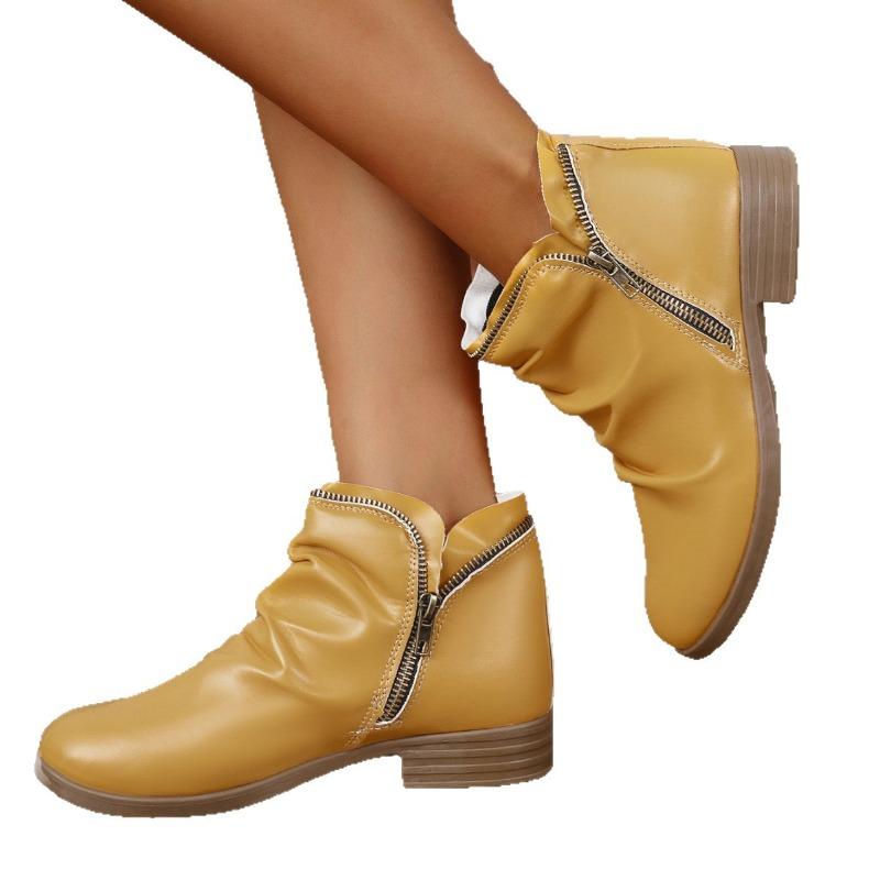 Women's High Quality Round Toe PU Leather V-Cut Zipper Martin Boots