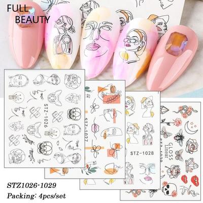 4 Sheet Nail Water Sticker DIY Black Abstract Face Image Nail Art Decoration Manicure Creative Designs Watermark Decals Tool