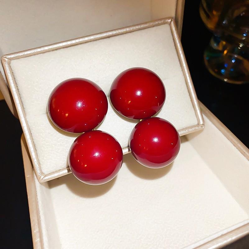 New Year's red flower flocking stud earrings women's niche earrings versatile earrings autumn and winter