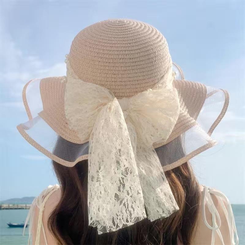 Flower Ribbon Sun Hat For Women's New Seaside Vacation Sweet Lace Sun Hat Summer Big Brim Straw Hat