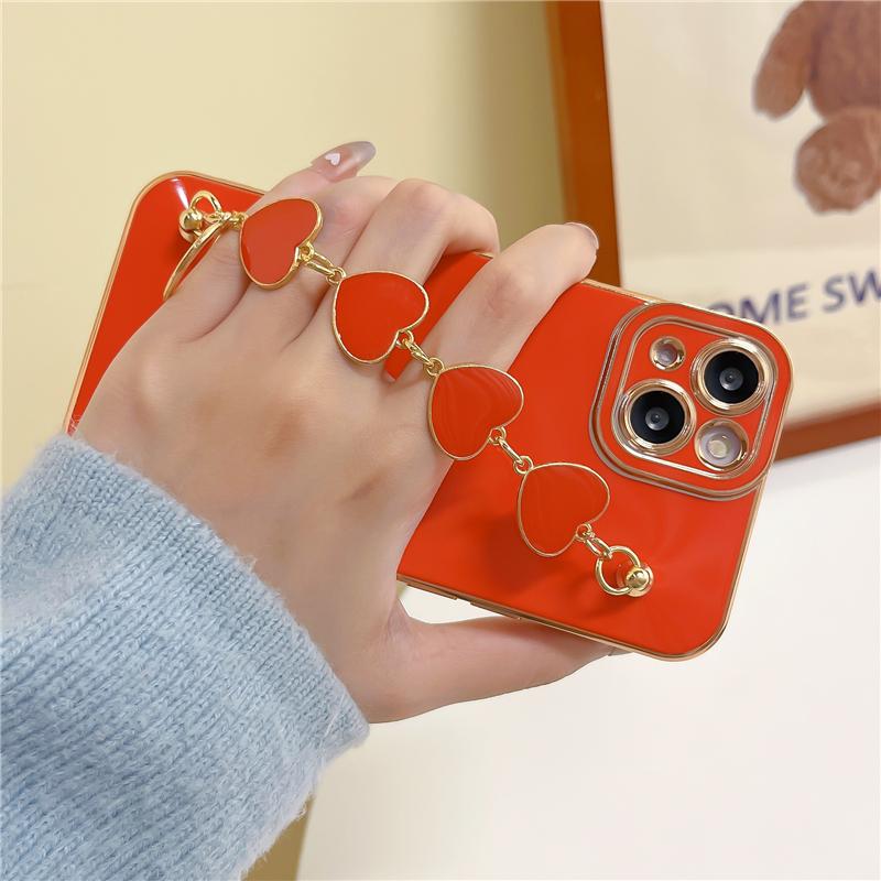 Luxury Plating Love Heart Wrist Bracelet Phone Case For iPhone 15 14 13 12 11 Pro Max X XR XS 7 8 Plus SE Soft Cover With Chain