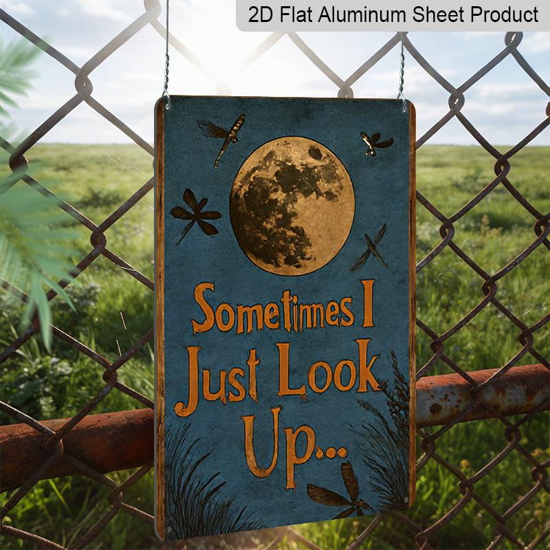 2D Flat Retro Dragonfly and Moon Metal Aluminum Plaque - "Sometimes I Just Look Up" Quote - Country Style Decor - Deep Blue Night Sky with Stars