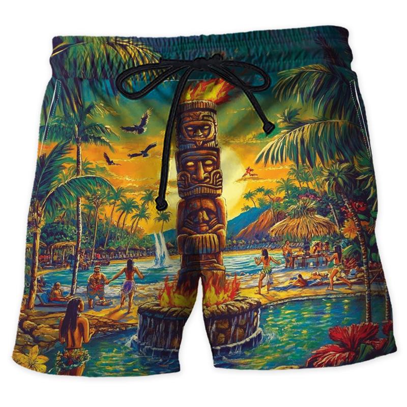 Fashion Tiki Graphic Beach Shorts For Men Summer Casual Holiday Vacation 3D Printed Short Pants Loose Harajuku Kids Swim Trunks