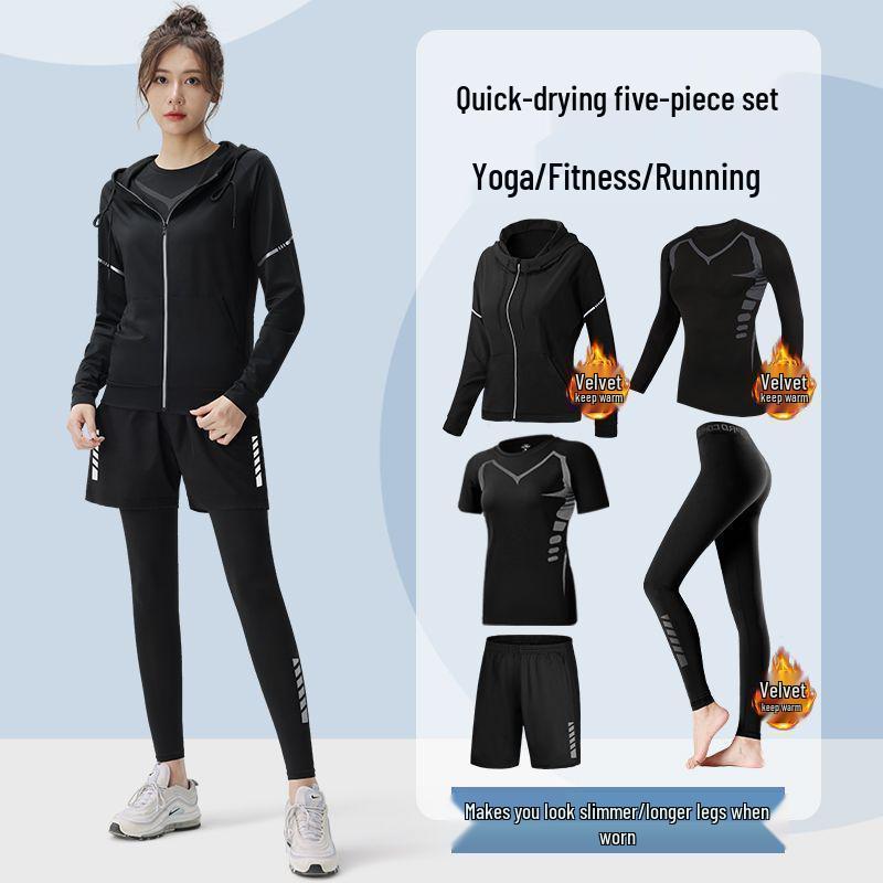 Women's Quick-Dry Fitness Wear Set: 5-Piece for Running, Basketball, Badminton, Morning Runs, Yoga – Autumn/Winter Collection.
