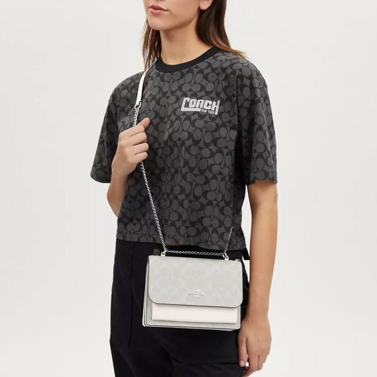 Coach Klare 21 Classic Monogram Flap Letter Logo Canvas And Leather Shoulder Crossbody Bag Small Women bags Glacier-White CP078-SVVS5