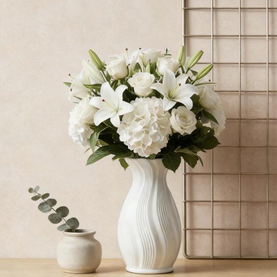 Small White Faux Ceramic Vase Minimalist Modern Pampas Grass Vase Decorative Flower Holder for Table Fireplace Shelf Living Room Decor