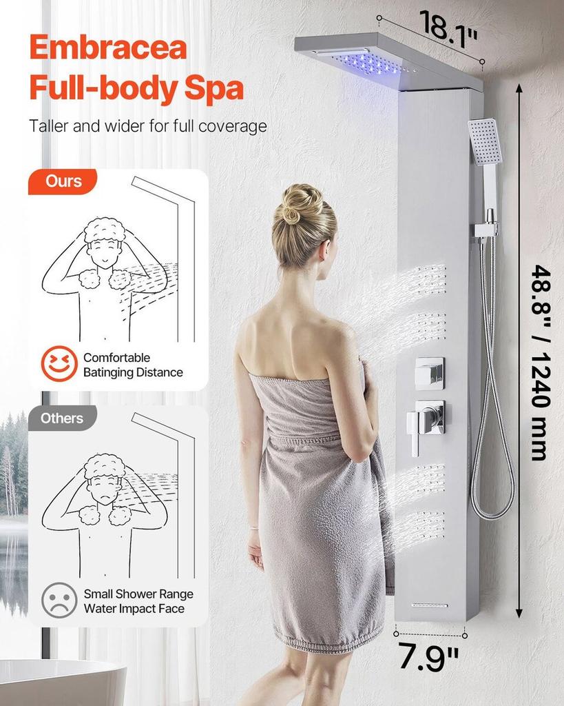 Shower Panel Tower System Stainless Steel Column Rainfall Head 5 Modes