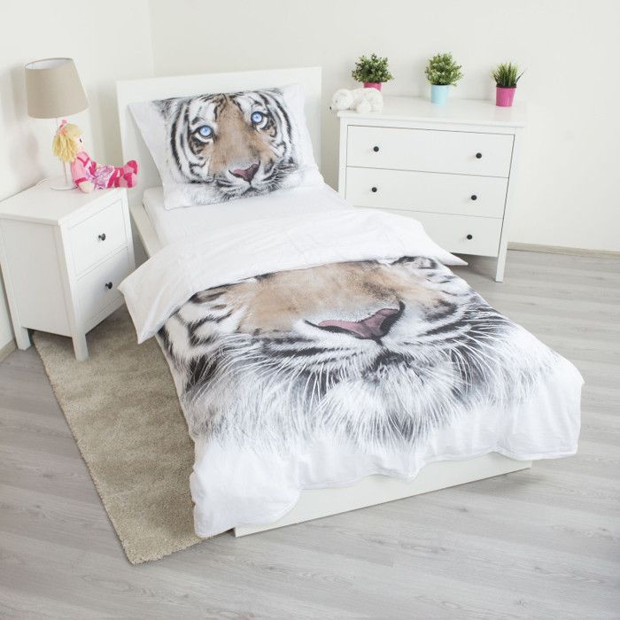 Parure de lit - HOME - Tigre Blanc - Housse de Couette Coton - 140 x 200 cm - Gris