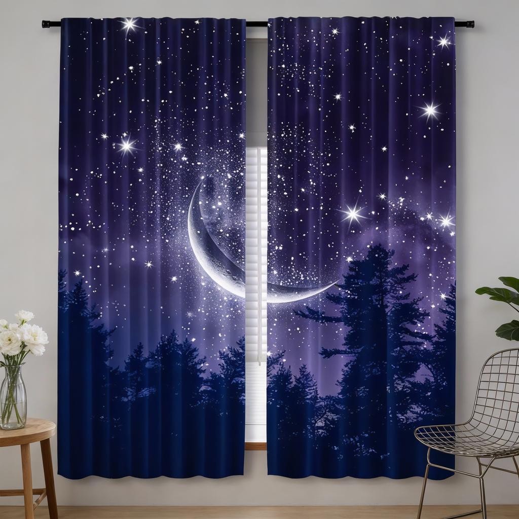 2pcs Forest Starry Sky Moon Night Curtains - Black Rod Pocket Window with Crescent Moon & Starry Sky Design, Perfect for Bedroom