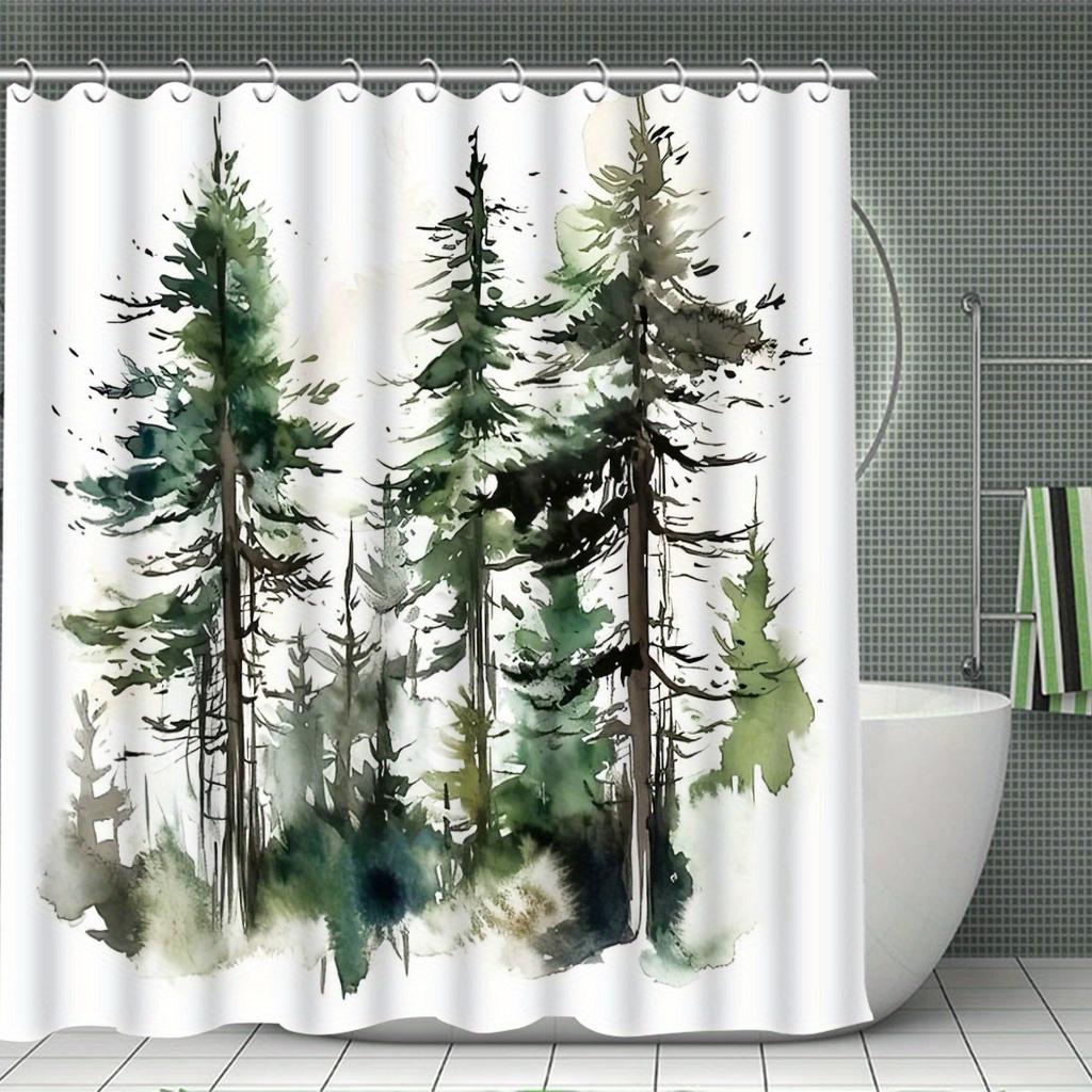Woods Decorative Shower Curtain Bathroom Set - Machine Washable, With 12 Hooks, Including Toilet Seat Cover And Bathtub Mat