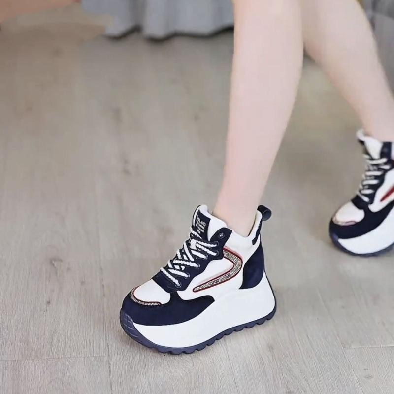 Thick-soled Heightening Women's Autumn New Versatile Sports Shoes Soft Leather Breathable Casual High-top Women's Shoes