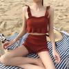 Conservative Knit Bikini Set Ruffle Trim Push Up High Waisted Boy Short Tummy Control Slimming Student Summer Beach Hot Spring Bathing Suit Swimwear