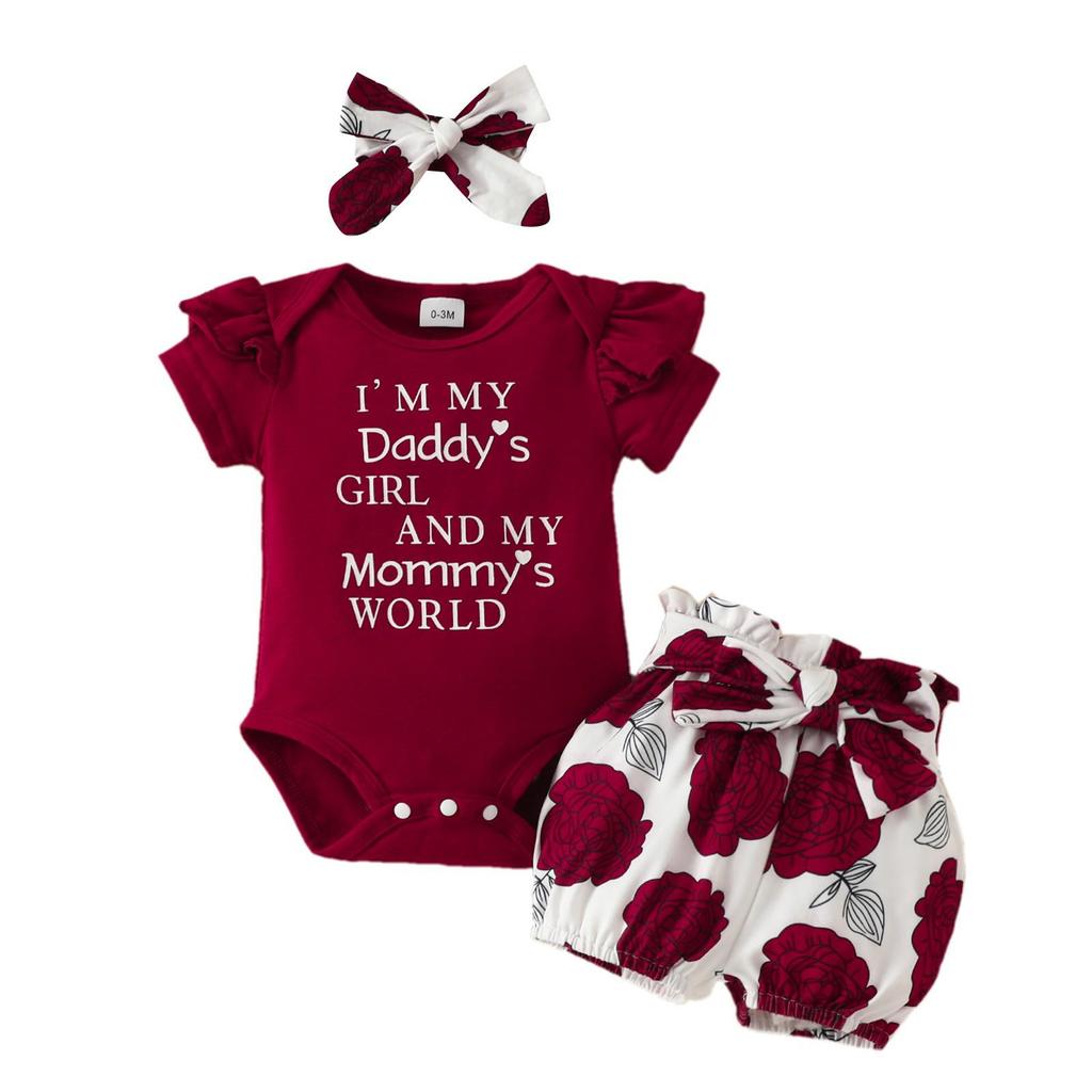 Baby Girl Summer Romper & Shorts Set - "Letter" Top with Belted Flower Pants