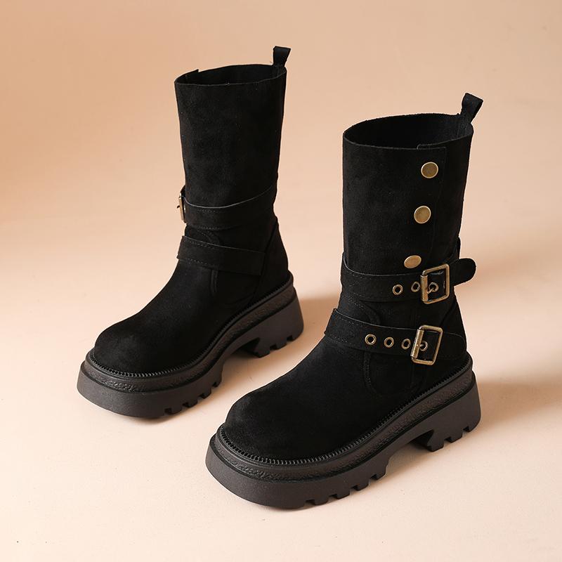 Modne Uniwersalne Dwuczęściowe Skórzane Buty na Platformie Podwyższające, Retro Sznurowane Buty Kowbojskie z Klamrą, Krótkie Buty Motocyklowe