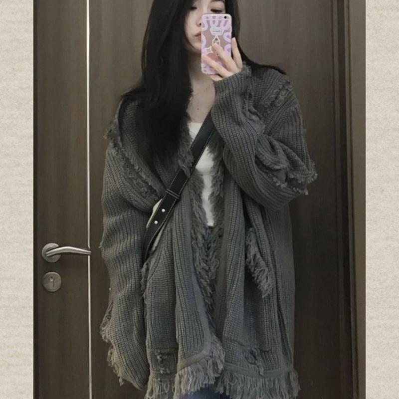 

Женские серые кардиганы крупной вязки с кисточками и карманами, корейский стиль, свободный удобный свитер, осенние повседневные универсальные женские топы-пальто Onesize серый