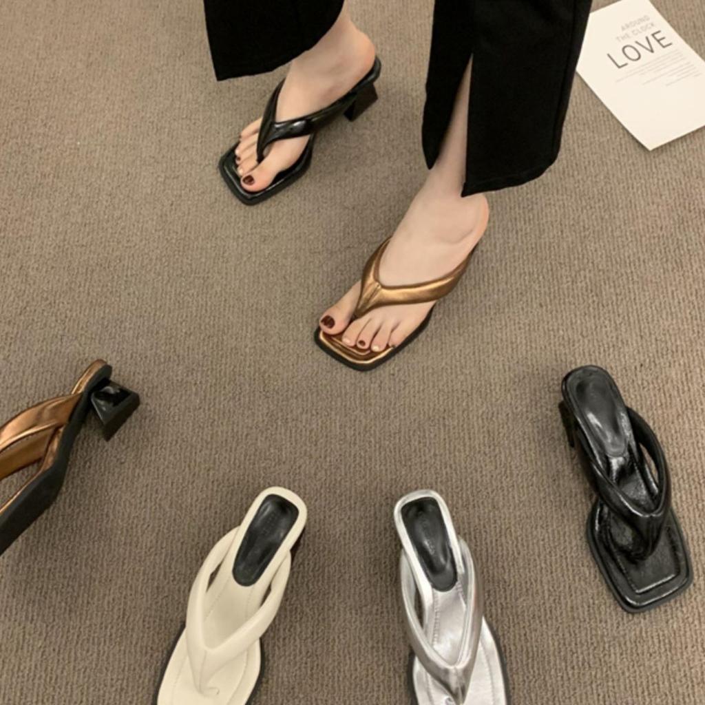 2025 summer new fashion outer wear toe flip-flops thick heel middle heel white cool slippers large size sandals women's trend