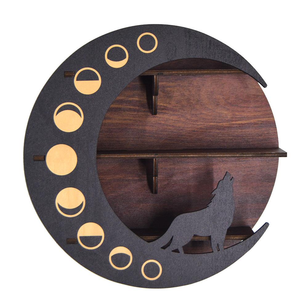 Boho Wall Mounted Black Moon Round Wooden Stand Rack Crystal Storage Display Floating Shelf Home Decoration