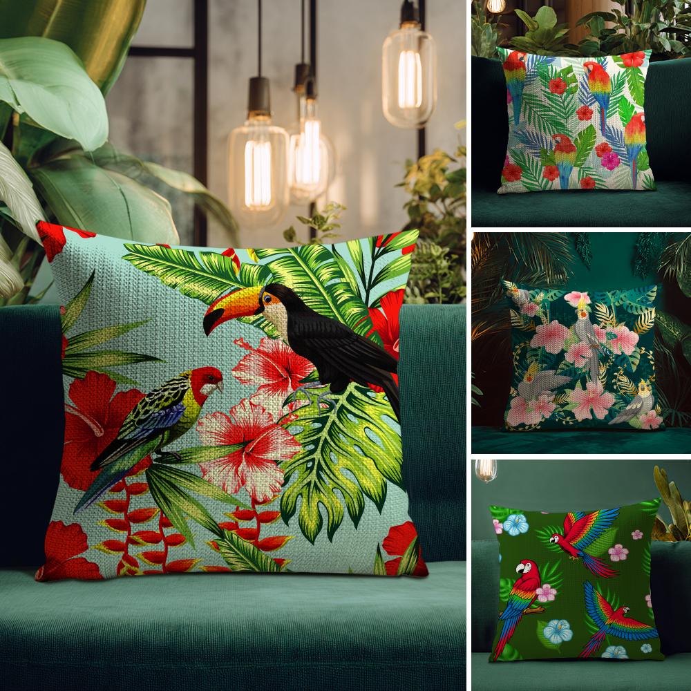 Tropical Parrots Flowers Palm Leaves Cushion Cover Natural Linen Organic Fabric DoubleSided Printing Breathable Perfect Decor