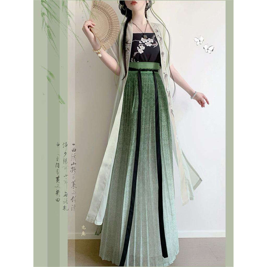 Chinese Song Dynasty Style Hanfu For Women Short-sleeved Waist-length Pleated Skirt Daily Commuting Suit