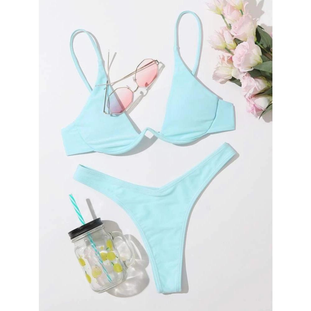 European and American Sexy Bikini Split Gathering Steel Tray Solid Color Swimsuit