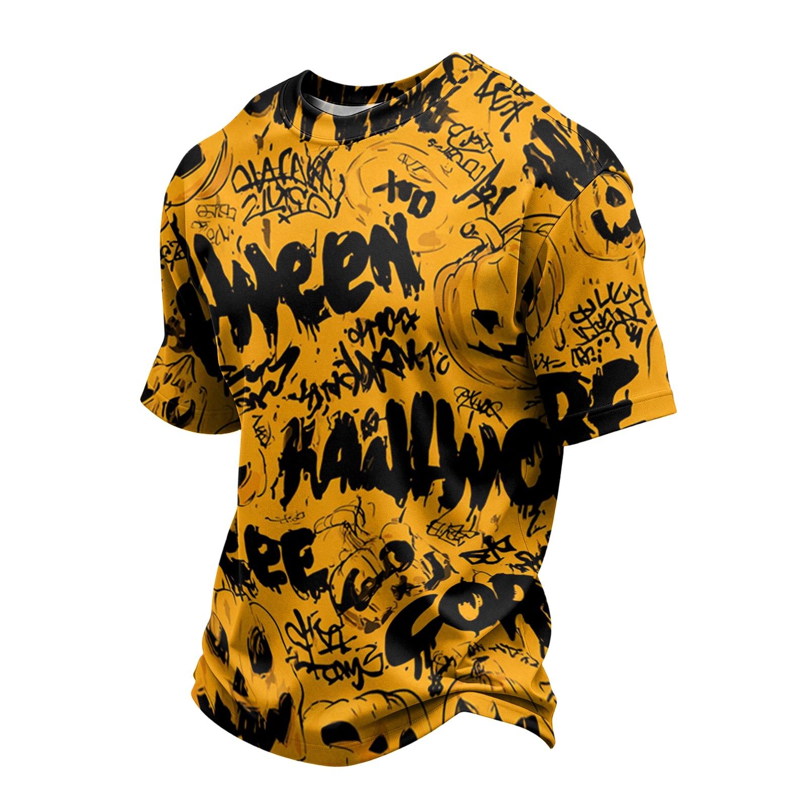 Men s Casual Short Sleeve Lightweight Breathable Crew Neck T-Shirt Halloween Pumpkin Print Pattern Comfortable Fit XXXL жёлтый