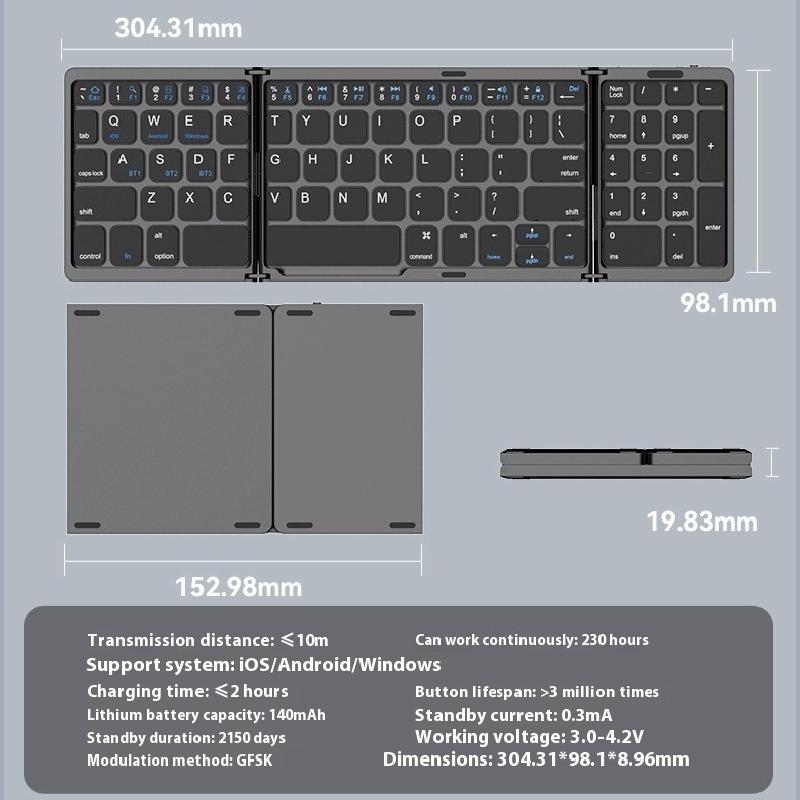 Tri-fold Keyboard Wireless Bluetooth Foldable Small Keyboard Suitable for Desktop Computers and Notebooks