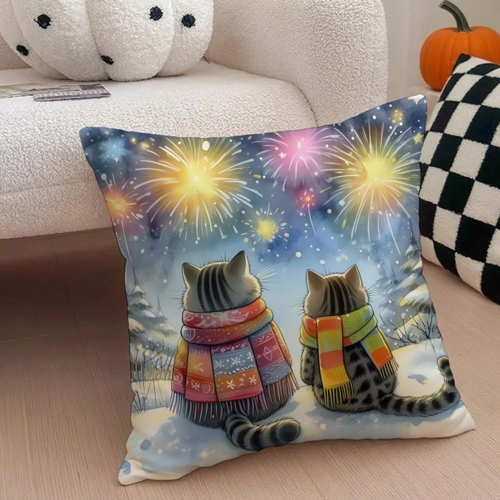 

KKitty cat fireworks snowflakes Cushion Cover Throw Pillow Cover Hidden Button Durable Polyester Chair Cushion 30X30cm