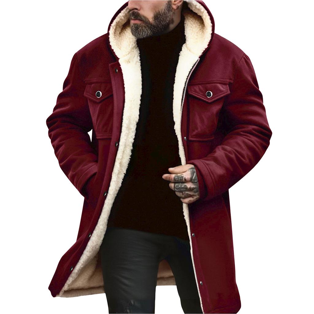 Men's Solid Color Button Pocket Work Wear Plus Leather Jacket Men's Casual Long Coat